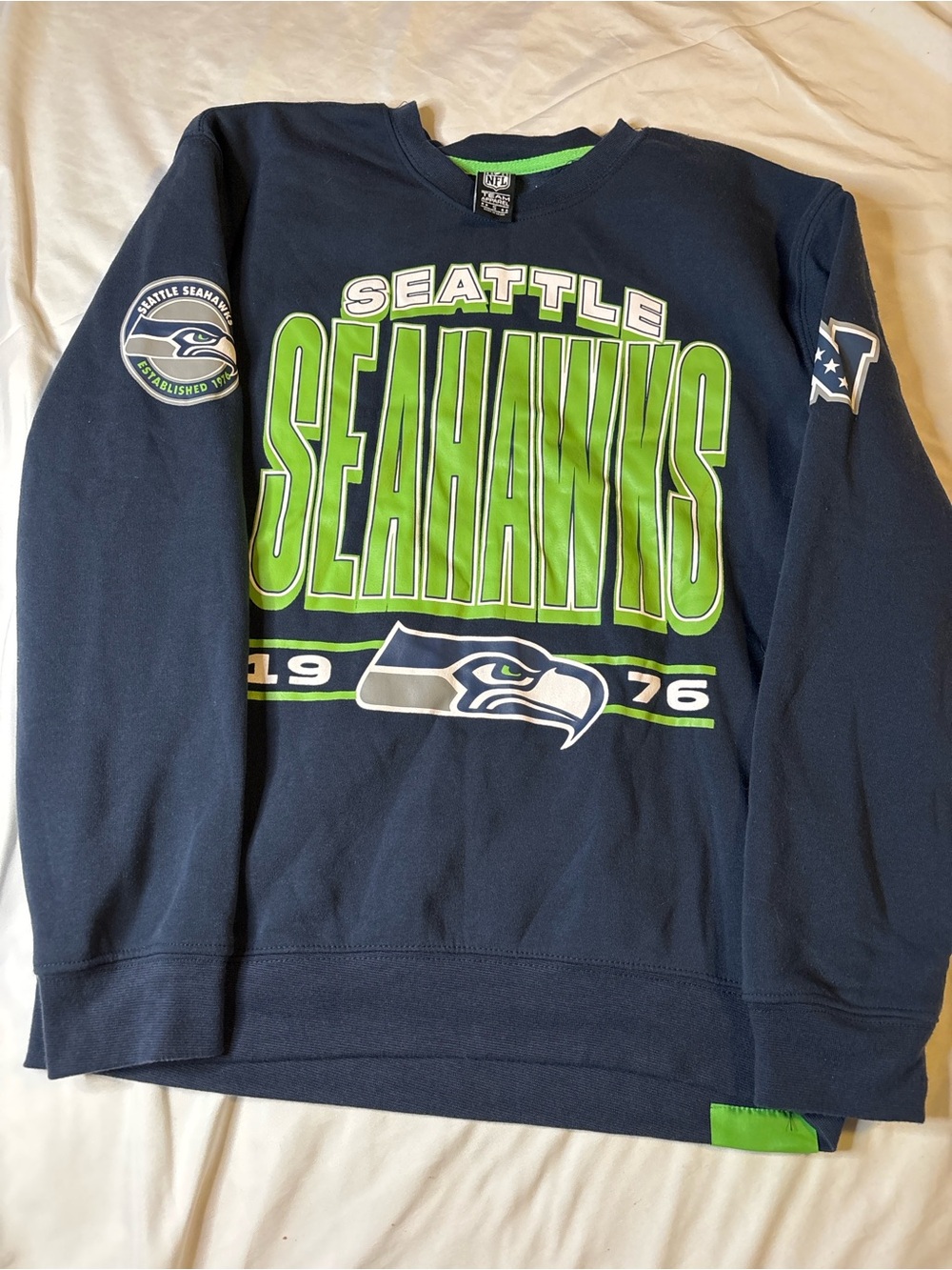Seattle Seahawks NFL Men’s Small Crewneck Sweatshirt Navy Big Logo Graphic